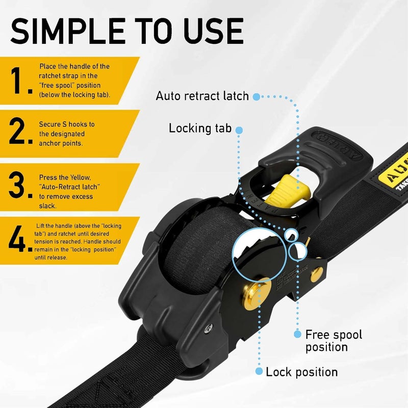 AUGO Retractable Ratchet Straps | 2 Heavy Duty Ratchet Straps Self Retractable Tie Downs with Soft Loops & Storage Bag for Motorcycle, Truck, Trailer, Cargo Van | 1200 Lb Break Strength 1” x 10’ - Image 5